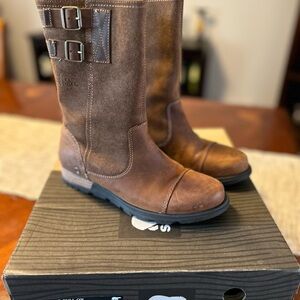 Sorel Major Pull On Brown Leather Tall Boots with Buckles
